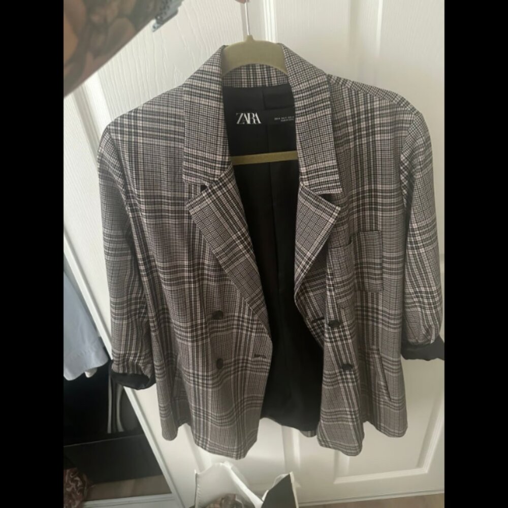 Zara Double Breasted Plaid Blazer